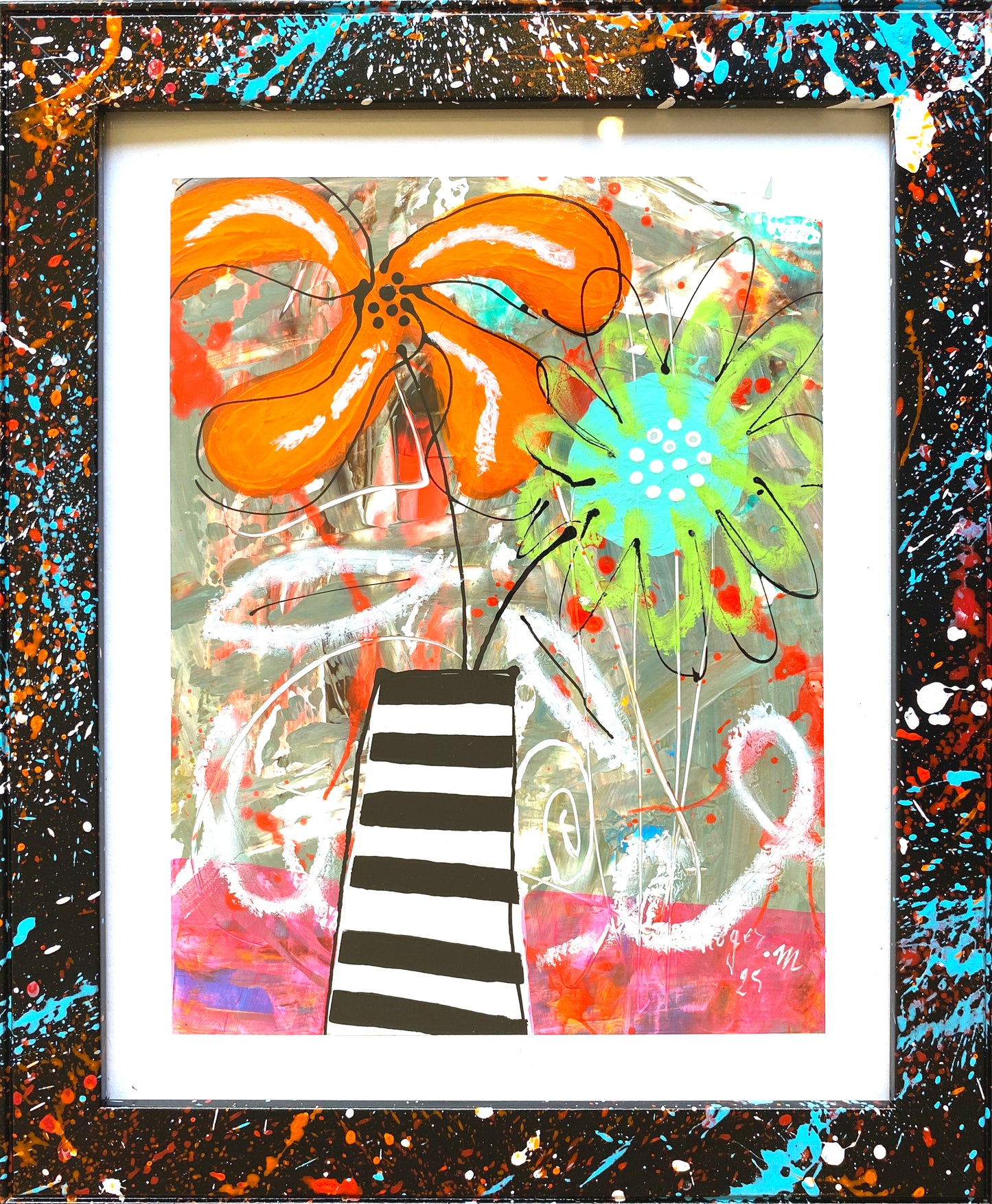 Petites Fleurs dans leur Vase Rayé - 1 - 25 x 20 cm