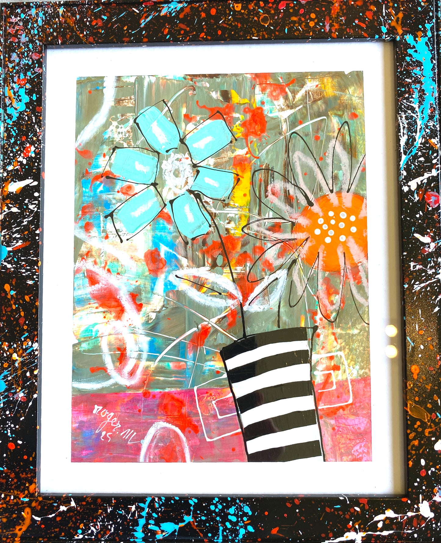 Petites Fleurs dans leur Vase Rayé - 2 - 25 x 20 cm