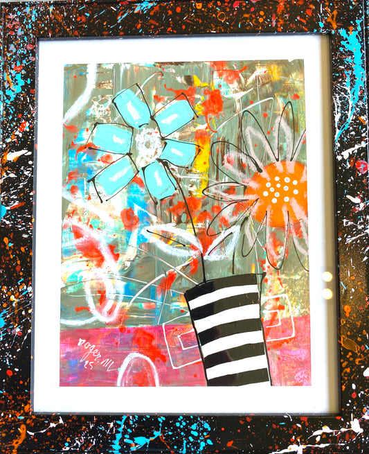 Petites Fleurs dans leur Vase Rayé - 2 - 25 x 20 cm