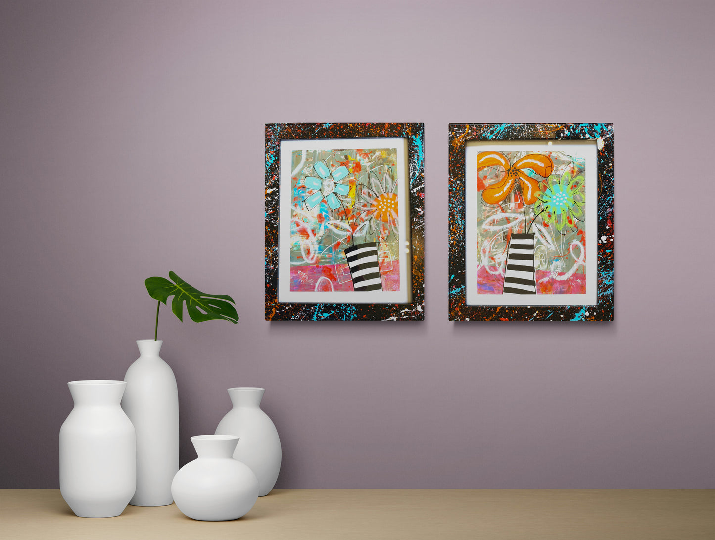 Petites Fleurs dans leur Vase Rayé - 2 - 25 x 20 cm