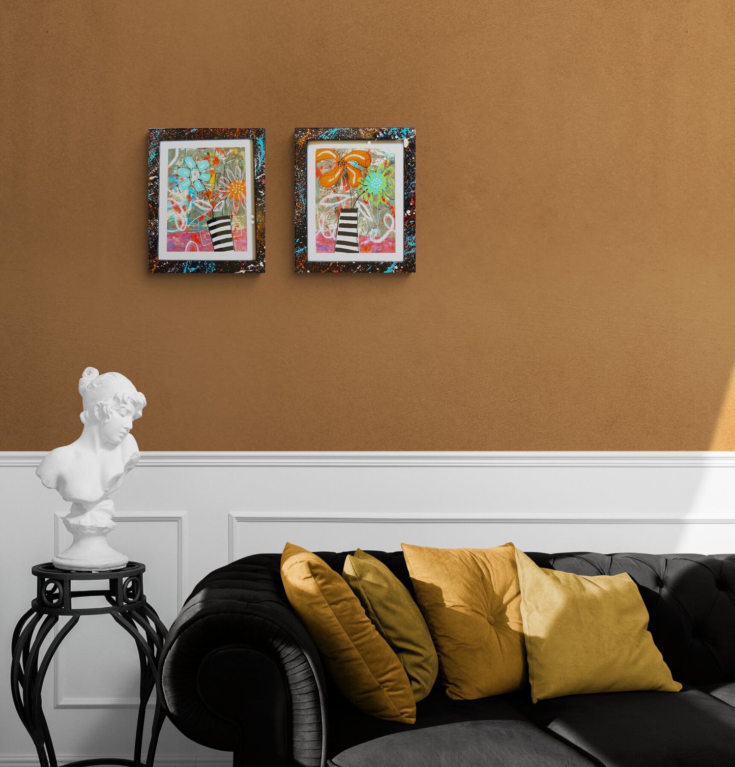 Petites Fleurs dans leur Vase Rayé - 2 - 25 x 20 cm